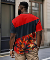 Men's Plus Size Hawaiian Red Patchwork Coconut Tree Print Henry Collar Button Short Sleeve Tee